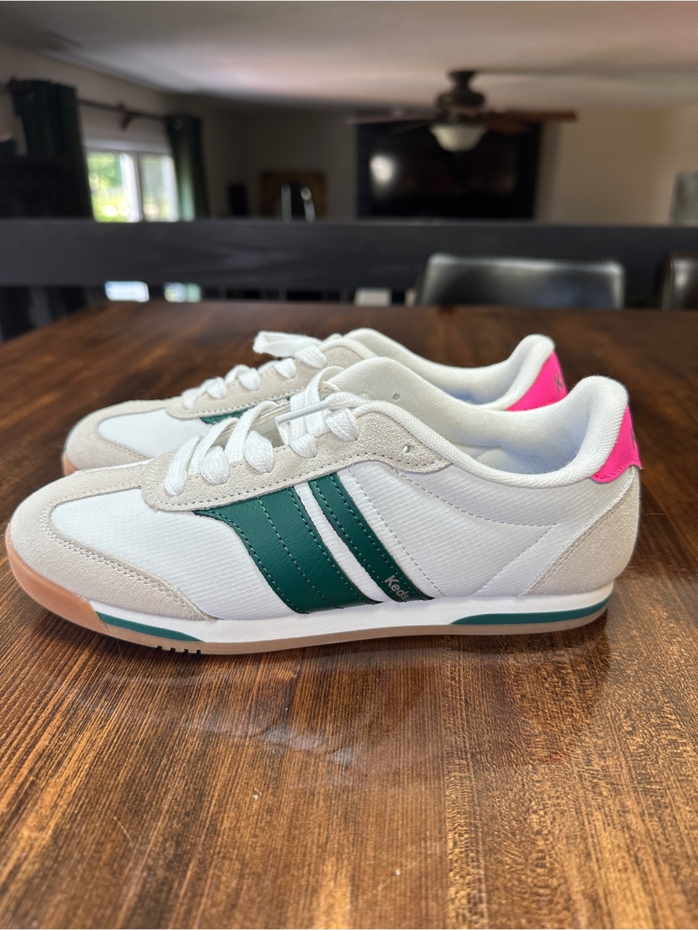 Keds White Sneakers with Green Stripes and Pink Heel